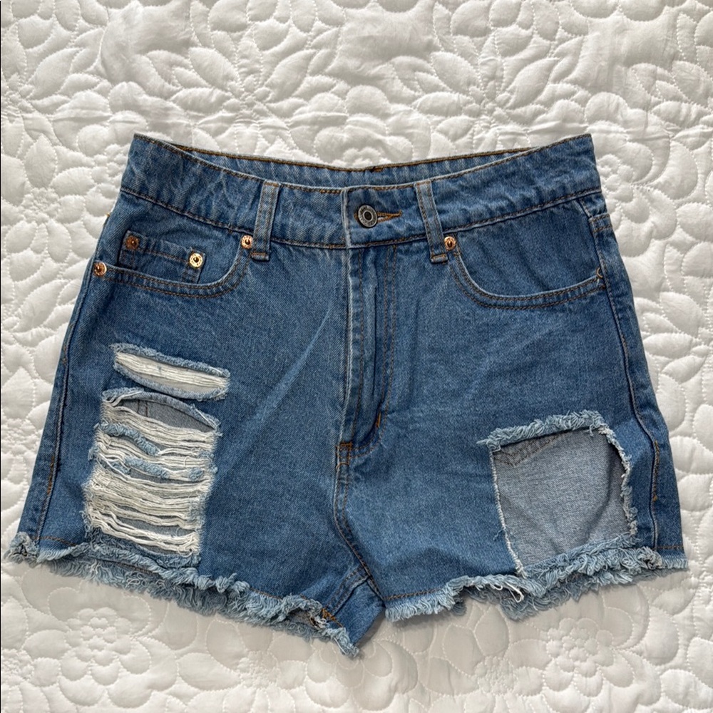 Blue Distressed Jean Shorts with Raw Hem